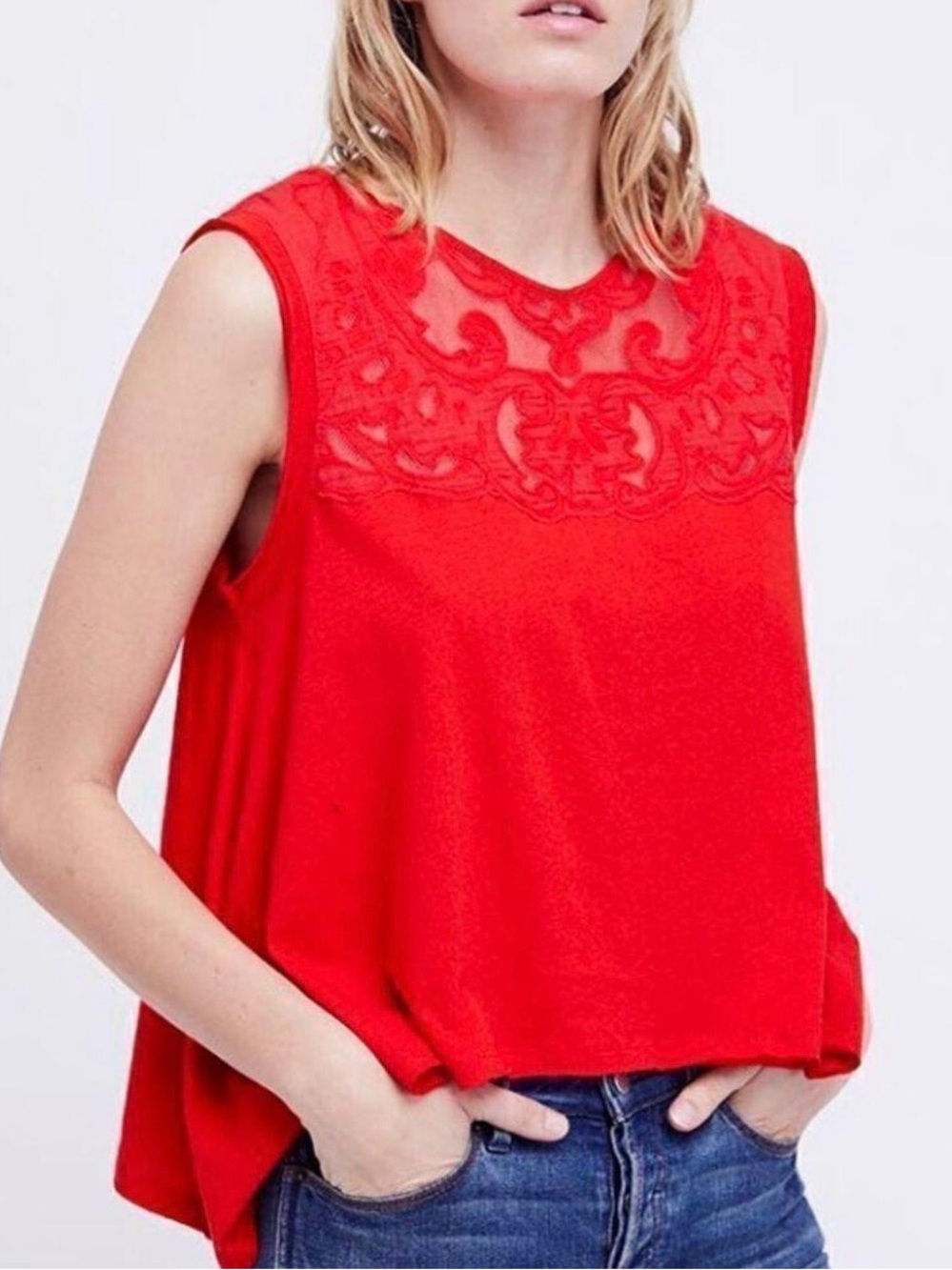 Free People Sz XS Meant to Be Tee Red Sleeveless Lace Embroidered Top
